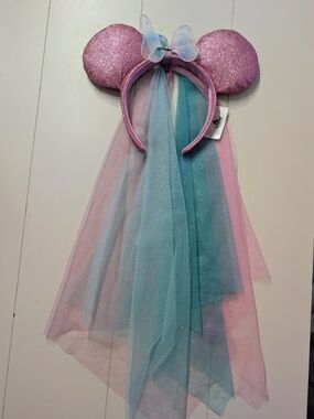 Disney Park Pink Glitter Headband with Teal and Lavender Tulle